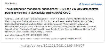 VIR-7831 可有效对抗英国、南非和巴西的新冠病毒（SARS-CoV-2）变异体